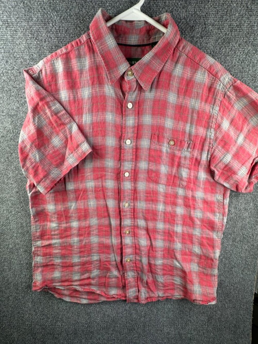 Orvis All Linen Large Red Blue Plaid Button Up Shirt Short Sleeve Outdoors Men